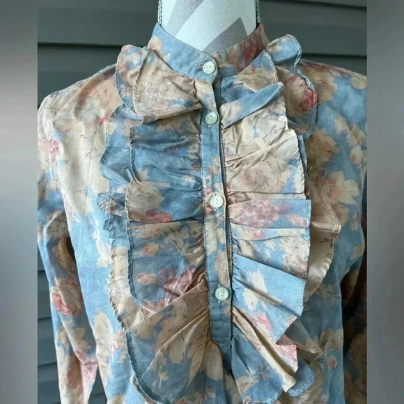 LRL Lauren Jeans Co. Floral Ruffle-Trim Blouse Sz M - Picture 2 of 10